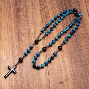 Blue Tiger's Eye Praying Beads Catholic Christ Hematite Cross Pendant Necklace